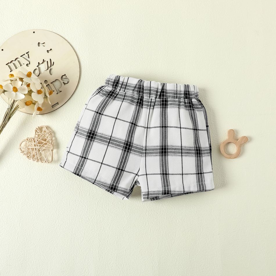 2pcs Baby Girl 95% Cotton Ribbed Puff-sleeve Square Neck Button Up Crop Top and Plaid Shorts Set Black big image 12