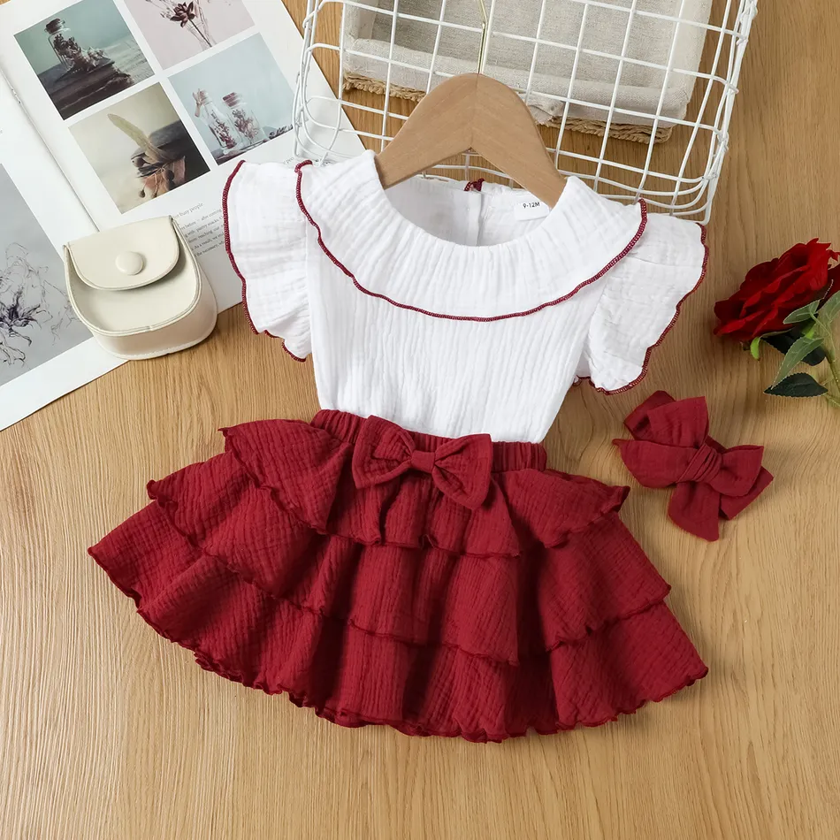 100% Cotton Baby Girl 3pcs Crepe Solid Flutter-sleeve White Top and Layered Bow Red Skirt Set with Headband Set White