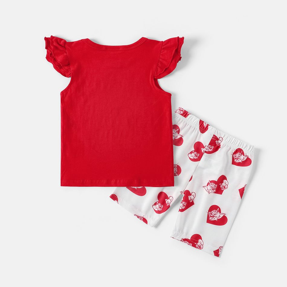 طقم تي شيرت توم وجيري مكون من قطعتين وشورت بطبعة قلب للفتيات الصغيرات أحمر big image 2