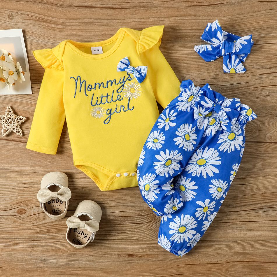 3pcs Baby Girl 95% Cotton Long-sleeve Letter Embroidered Romper and Allover Daisy Floral Print Pants with Headband Set Yellow