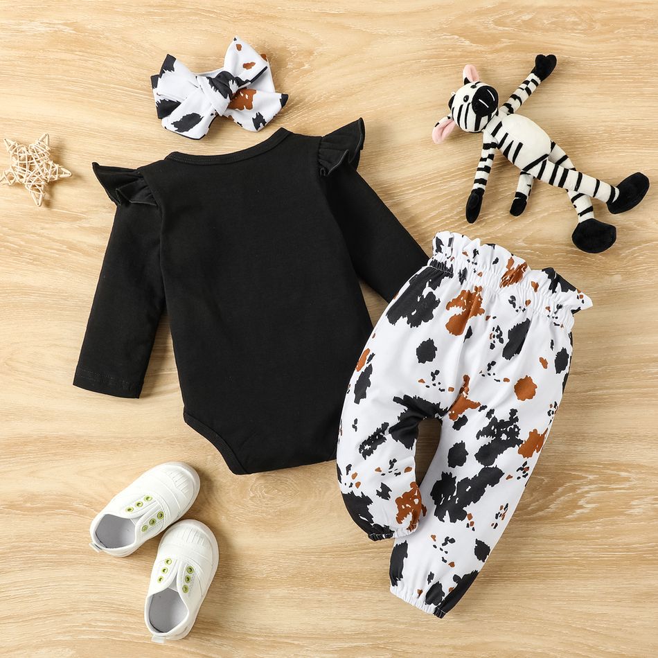 3pcs Baby Girl 95% Cotton Long-sleeve Letter Print Romper and Bow Front Pants with Headband Set Black big image 2