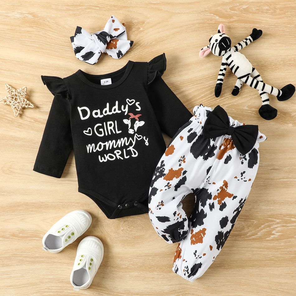 3pcs Baby Girl 95% Cotton Long-sleeve Letter Print Romper and Bow Front Pants with Headband Set Black