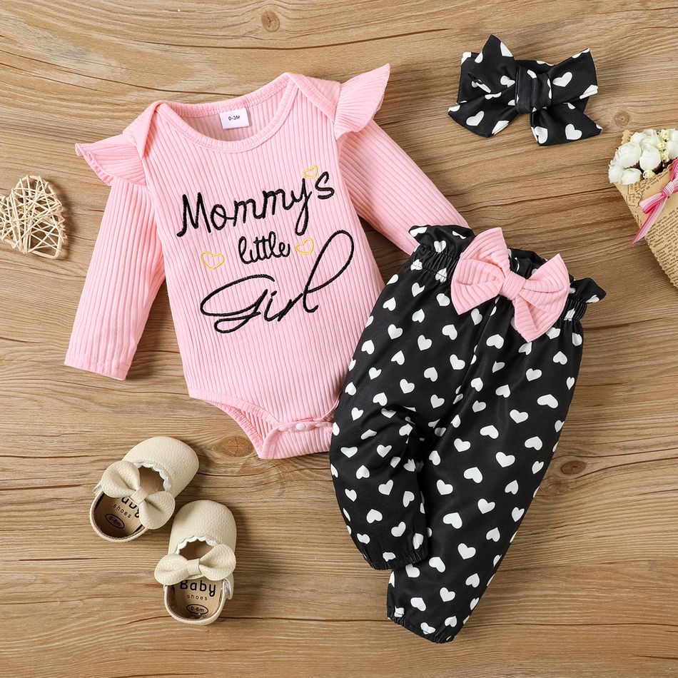 3pcs Baby Girl 95% Cotton Long-sleeve Rib Knit Letter Embroidered Romper and Allover Love Heart Print Pants with Headband Set Pink