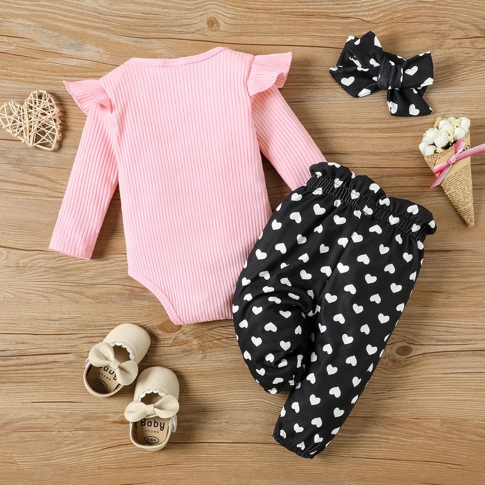 3pcs Baby Girl 95% Cotton Long-sleeve Rib Knit Letter Embroidered Romper and Allover Love Heart Print Pants with Headband Set Pink big image 2