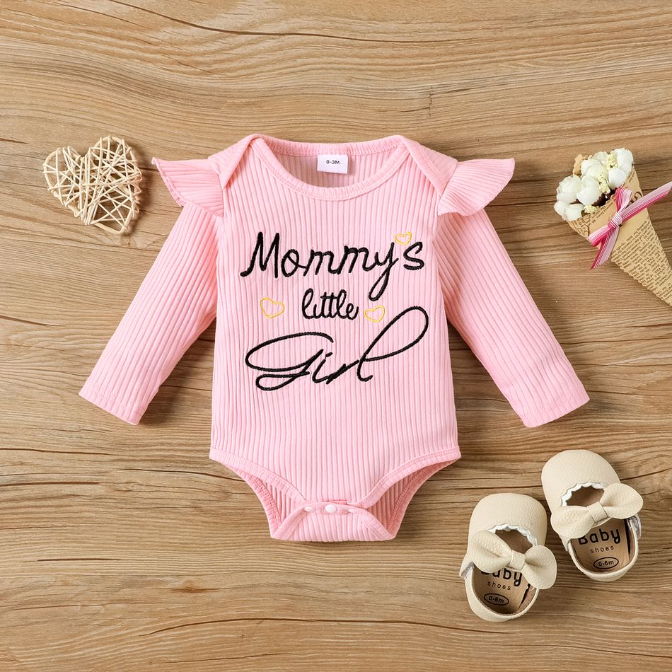 3pcs Baby Girl 95% Cotton Long-sleeve Rib Knit Letter Embroidered Romper and Allover Love Heart Print Pants with Headband Set Pink big image 3