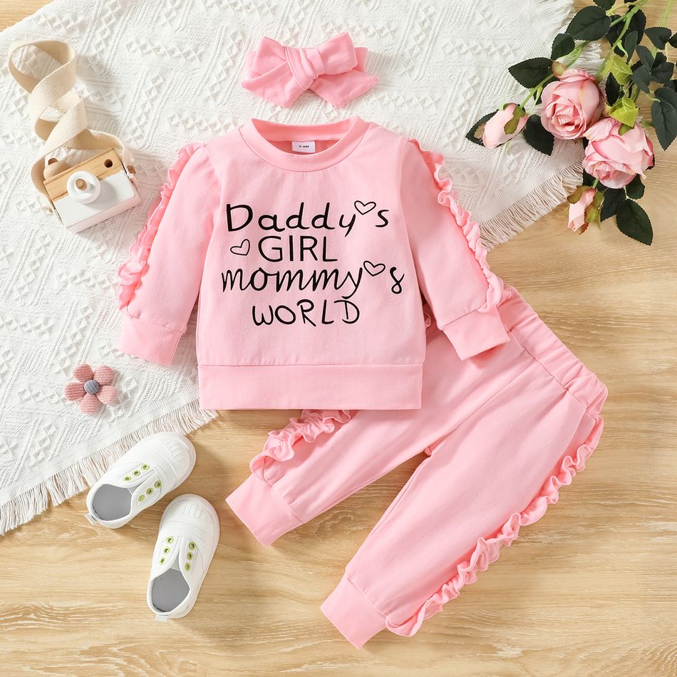 3pcs Baby Girl 95% Cotton Long-sleeve Love Heart & Letter Print Frill Trim Sweatshirt and Sweatpants with Headband Set Pink big image 1