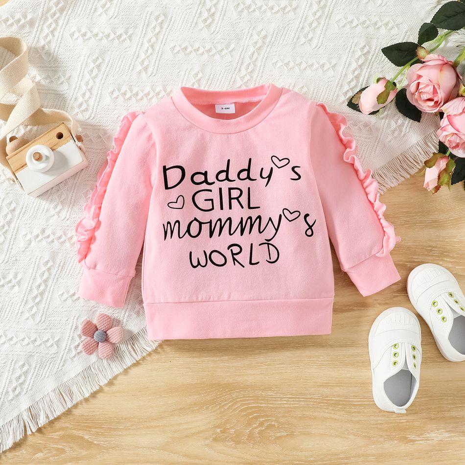 3pcs Baby Girl 95% Cotton Long-sleeve Love Heart & Letter Print Frill Trim Sweatshirt and Sweatpants with Headband Set Pink big image 3