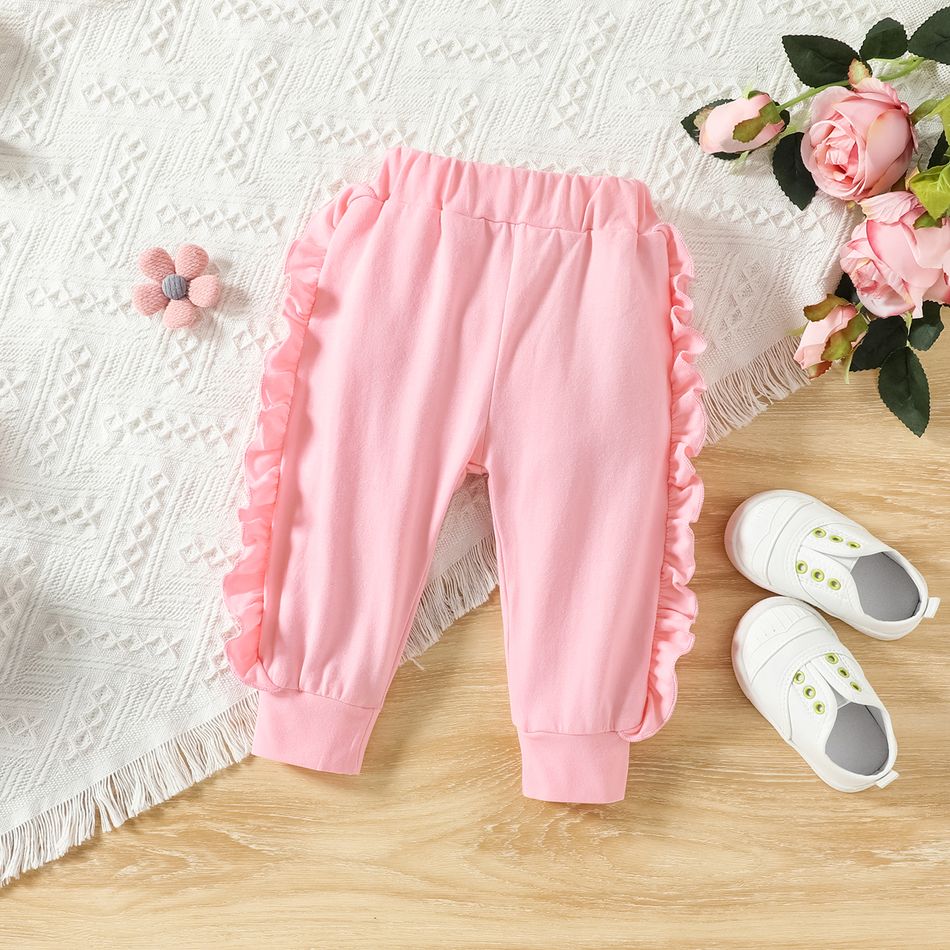 3pcs Baby Girl 95% Cotton Long-sleeve Love Heart & Letter Print Frill Trim Sweatshirt and Sweatpants with Headband Set Pink big image 4