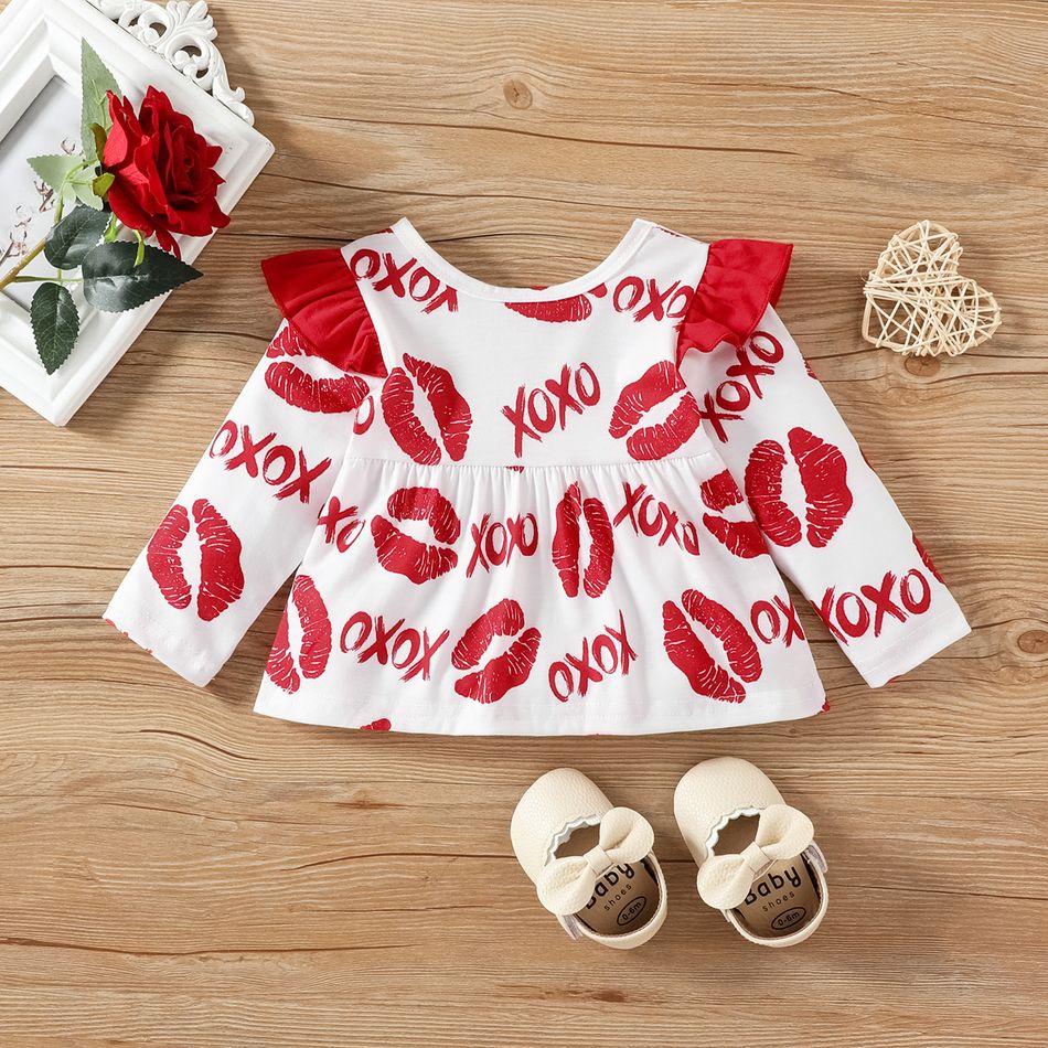 3pcs Baby Girl 95% Cotton Flared Pants and Allover Red Lips & Letter Print Ruffle Trim Long-sleeve Top with Headband Set Red big image 2