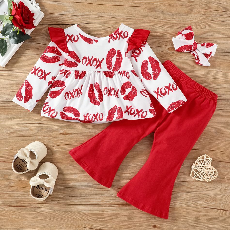 3pcs Baby Girl 95% Cotton Flared Pants and Allover Red Lips & Letter Print Ruffle Trim Long-sleeve Top with Headband Set Red big image 3