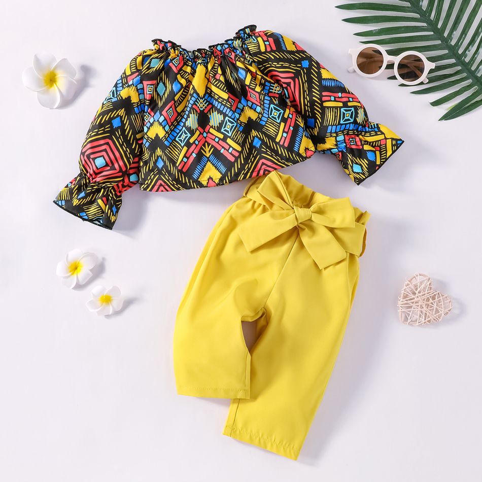 2pcs Baby Girl Allover Boho Print Long-sleeve Top and Solid Paperbag Waist Belted Pants Set Multi-color