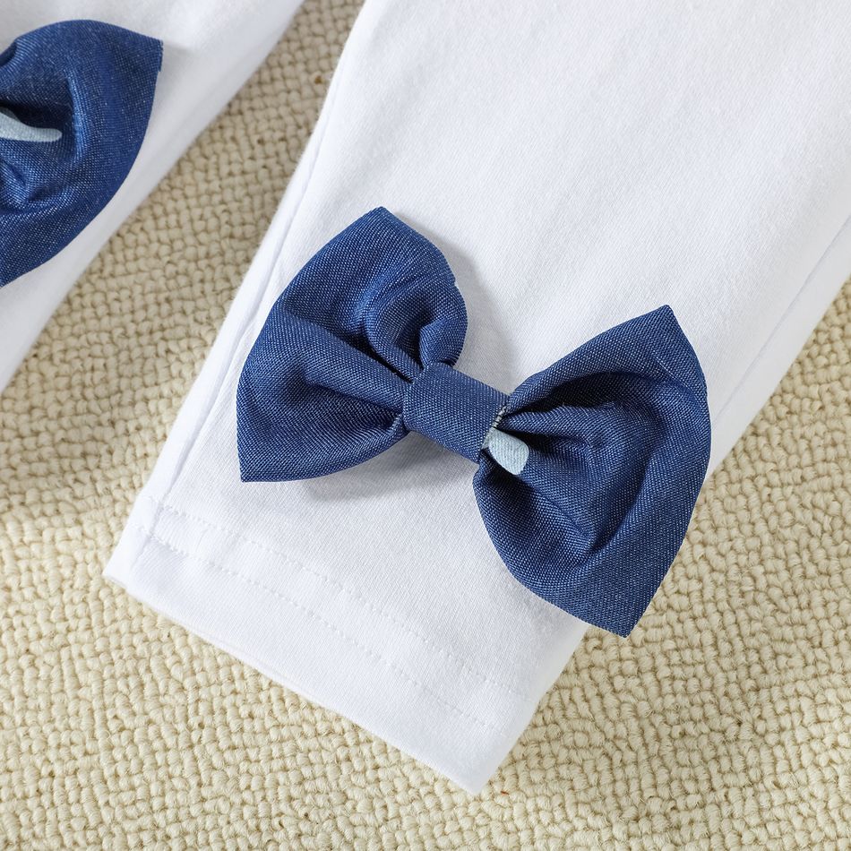 2pcs Baby Girl 95% Cotton Bowknot Decor Pants and Allover Love Heart Print Puff-sleeve Shirred Imitation Denim Top Set Blue big image 6
