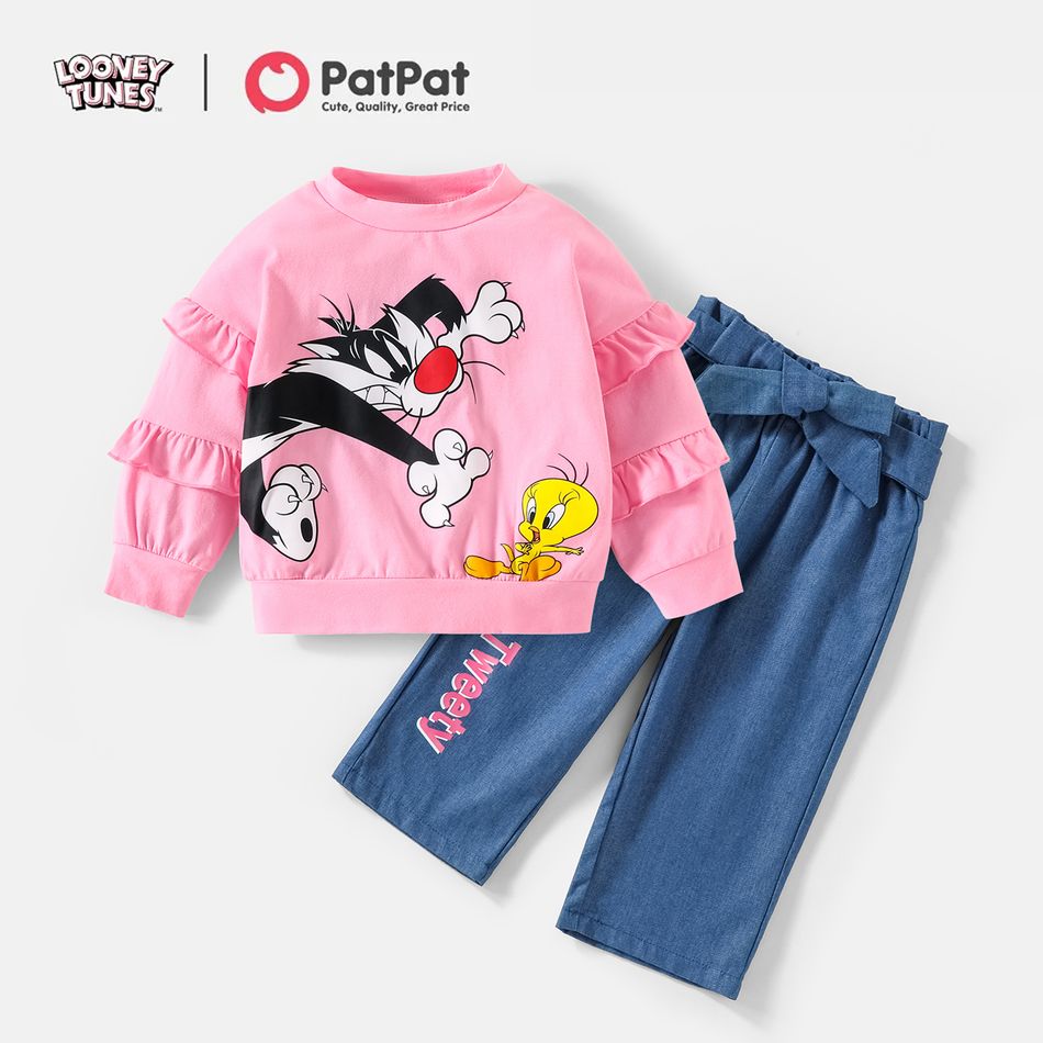 لوني تونز 2 قطعة طفلة صغيرة مكشكشة قميص من القطن الوردي مع مجموعة جينز دينم بحزام مطبوع عليها حروف زهري
