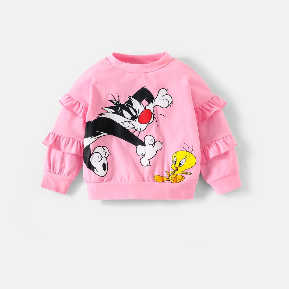 لوني تونز 2 قطعة طفلة صغيرة مكشكشة قميص من القطن الوردي مع مجموعة جينز دينم بحزام مطبوع عليها حروف زهري big image 3