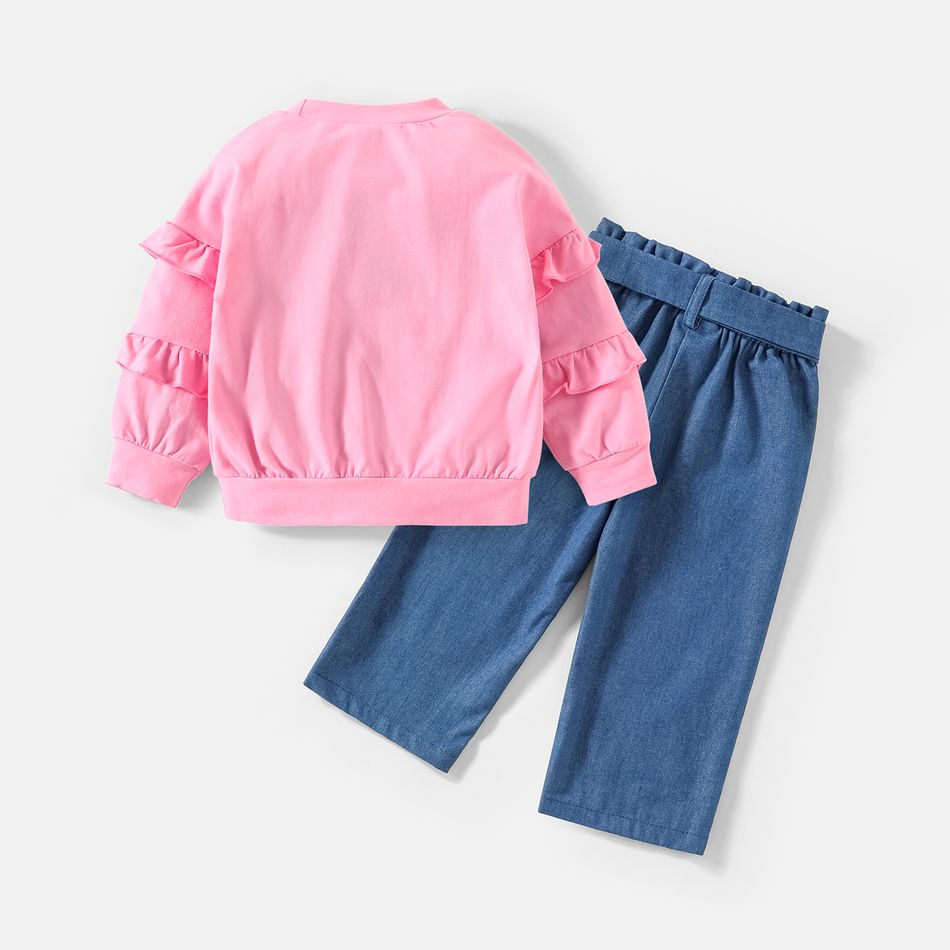 لوني تونز 2 قطعة طفلة صغيرة مكشكشة قميص من القطن الوردي مع مجموعة جينز دينم بحزام مطبوع عليها حروف زهري big image 2