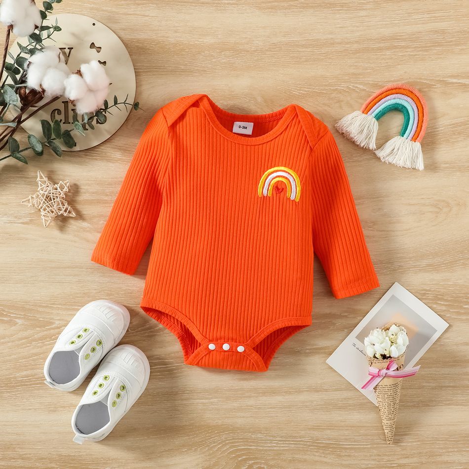 2-Pack Baby Girl Long-sleeve Rainbow Graphic Rompers Set Orange big image 2