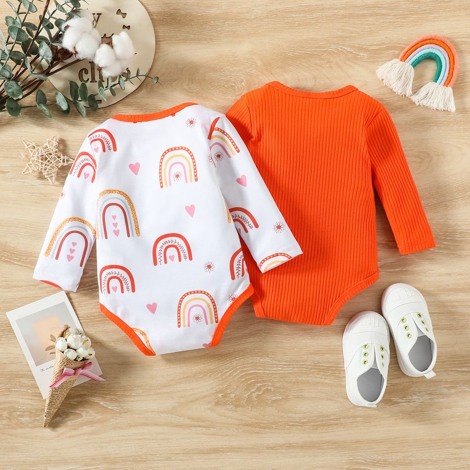 2-Pack Baby Girl Long-sleeve Rainbow Graphic Rompers Set Orange big image 1