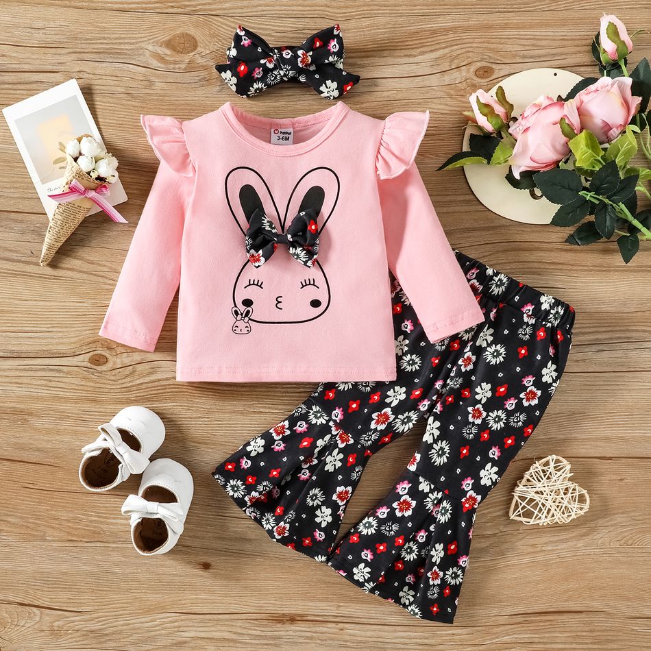 3pcs Baby Girl 95% Cotton Long-sleeve Rabbit Graphic Ruffle Trim Tee and Allover Floral Print Flared Pants with Headband Set Pink big image 1