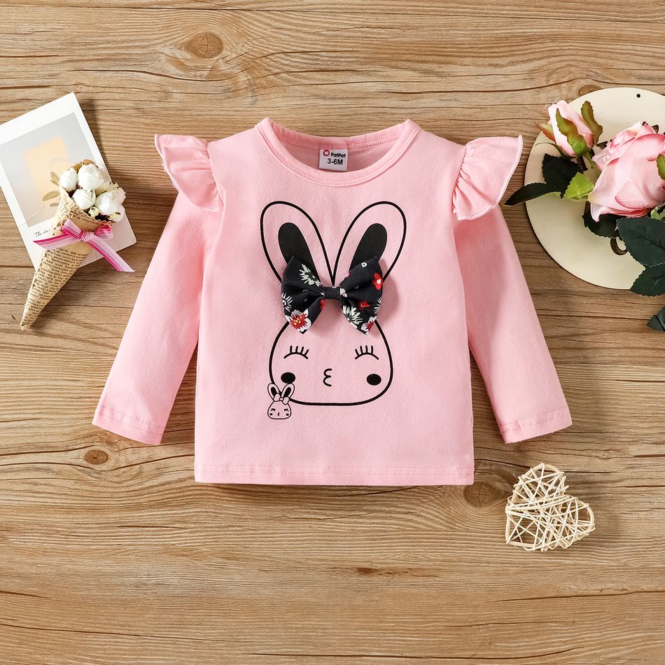 3pcs Baby Girl 95% Cotton Long-sleeve Rabbit Graphic Ruffle Trim Tee and Allover Floral Print Flared Pants with Headband Set Pink big image 3