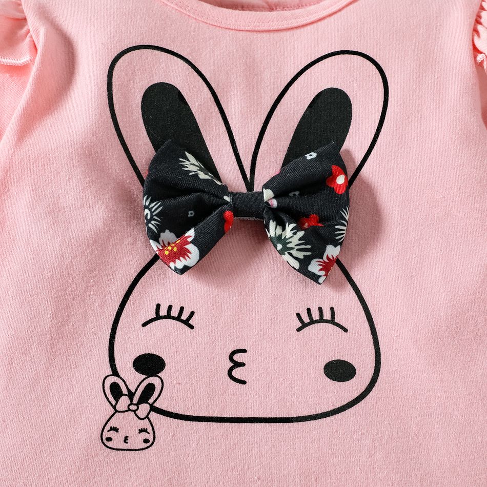 3pcs Baby Girl 95% Cotton Long-sleeve Rabbit Graphic Ruffle Trim Tee and Allover Floral Print Flared Pants with Headband Set Pink big image 6