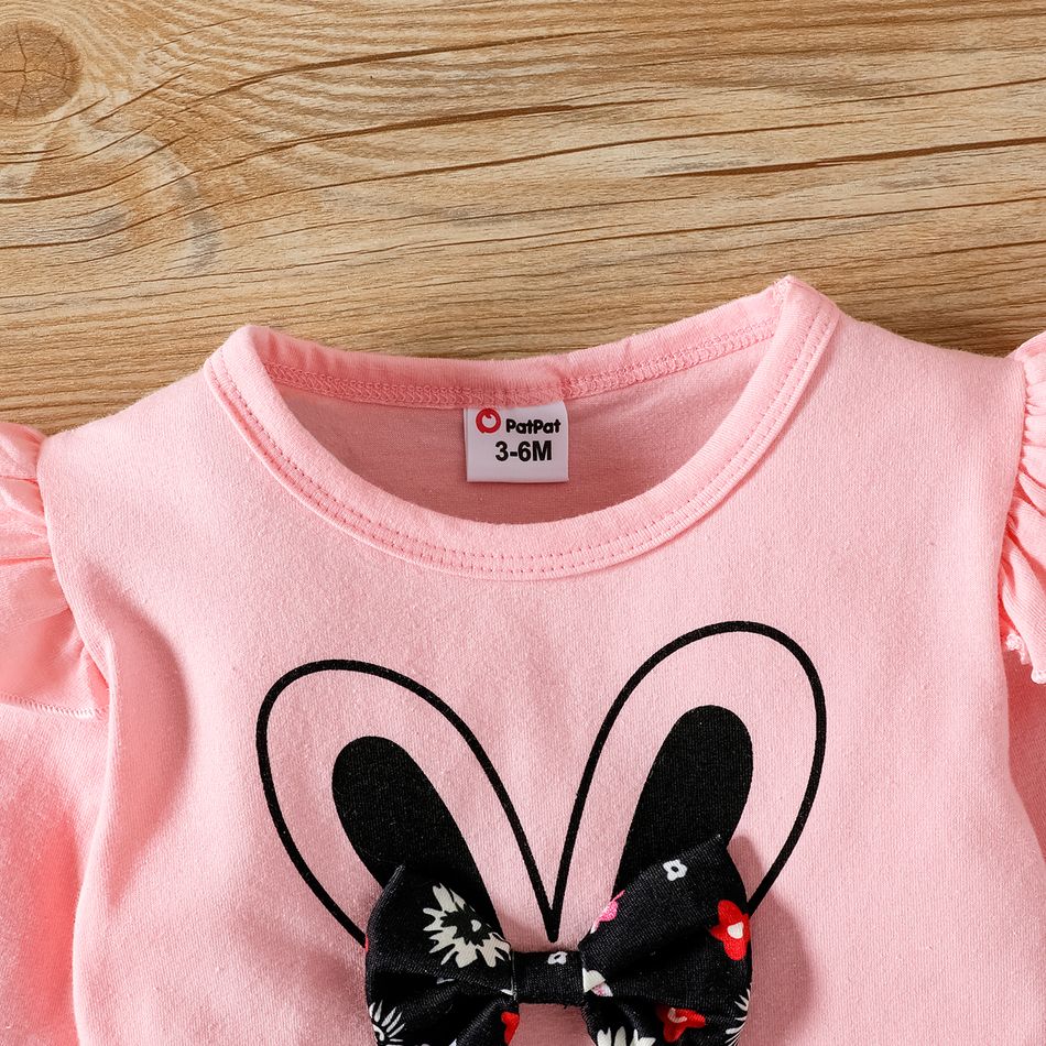 3pcs Baby Girl 95% Cotton Long-sleeve Rabbit Graphic Ruffle Trim Tee and Allover Floral Print Flared Pants with Headband Set Pink big image 5