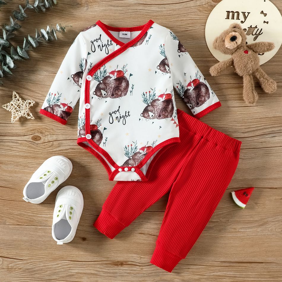 2pcs Baby Boy/Girl 95% Cotton Rib Knit Pants and Allover Animal Print Long-sleeve Romper Set Red