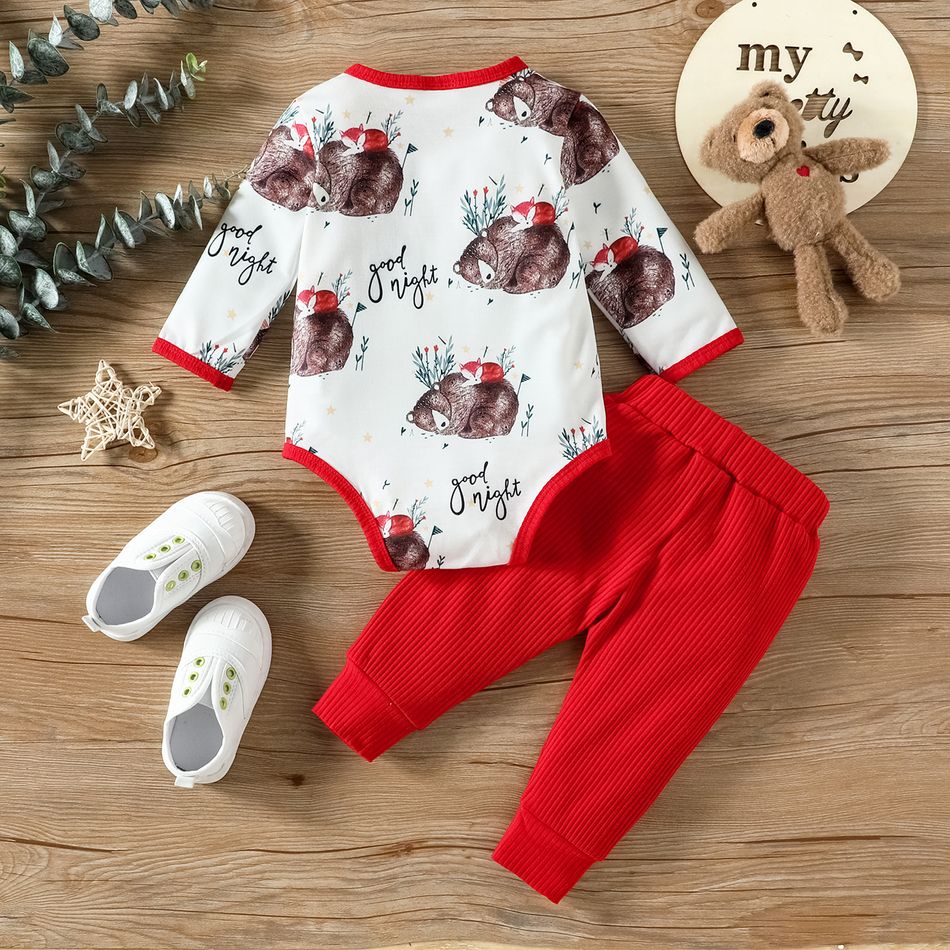 2pcs Baby Boy/Girl 95% Cotton Rib Knit Pants and Allover Animal Print Long-sleeve Romper Set Red big image 2
