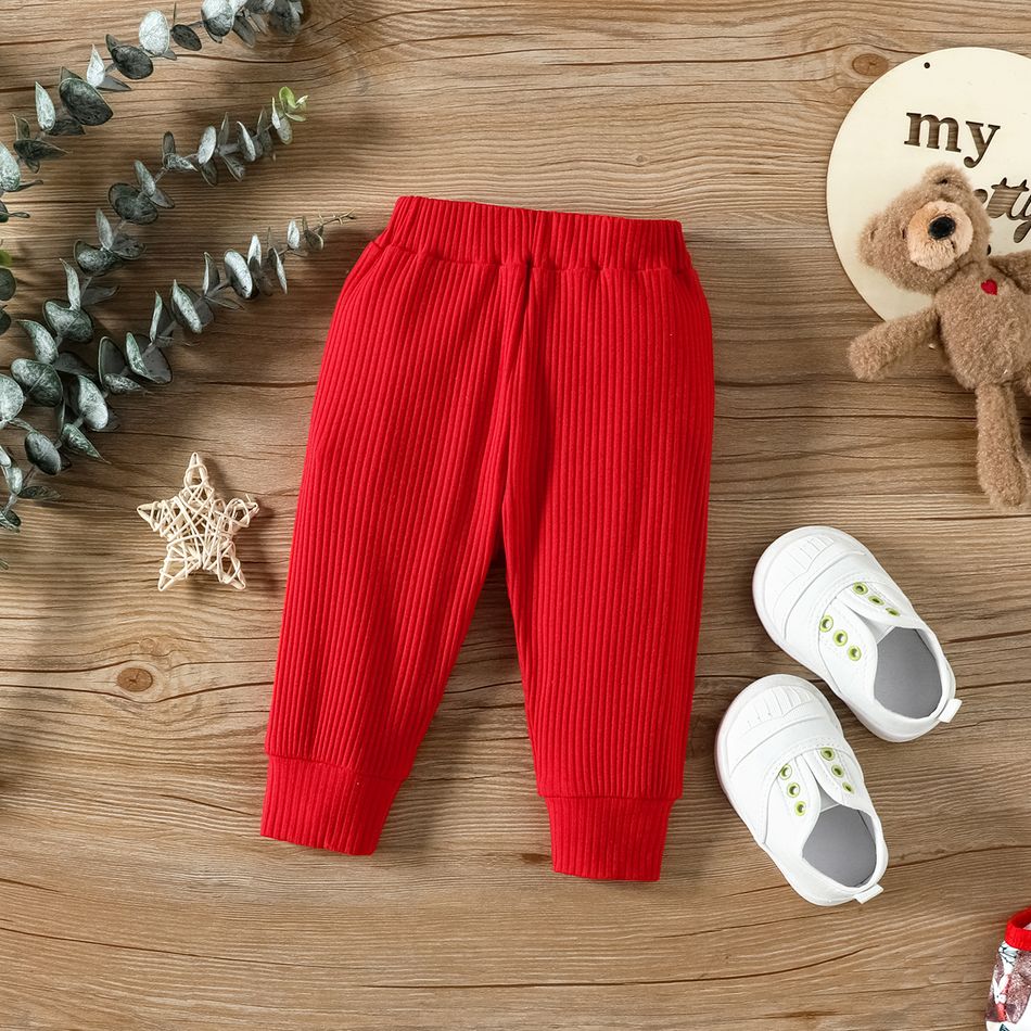 2pcs Baby Boy/Girl 95% Cotton Rib Knit Pants and Allover Animal Print Long-sleeve Romper Set Red big image 4