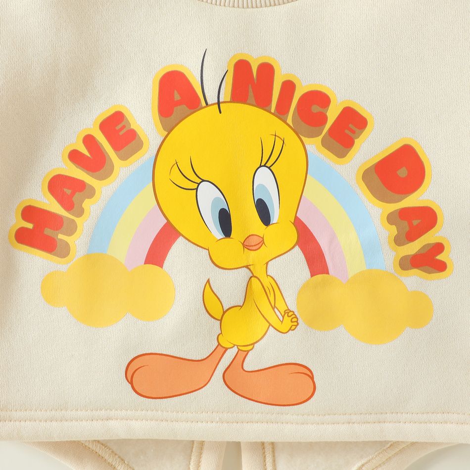 Looney Tunes 2pcs Toddler Girl Tweety Rainbow Print High Low Long-sleeve Tee and Allover Print Pants Set Beige big image 2