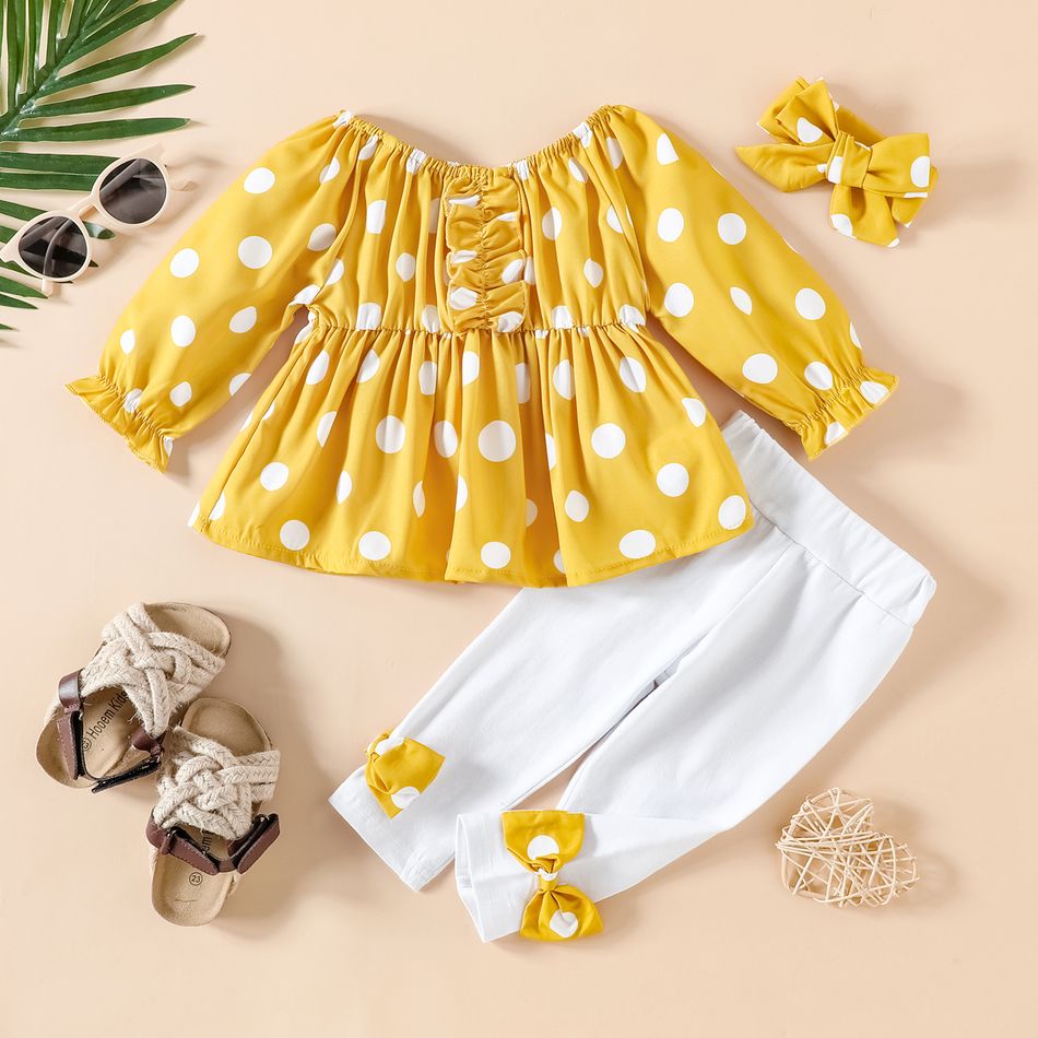 3pcs Baby Girl 95% Cotton Bow Front Leggings and Polka Dot Print Off Shoulder Long-sleeve Top with Headband Set Yellow big image 1