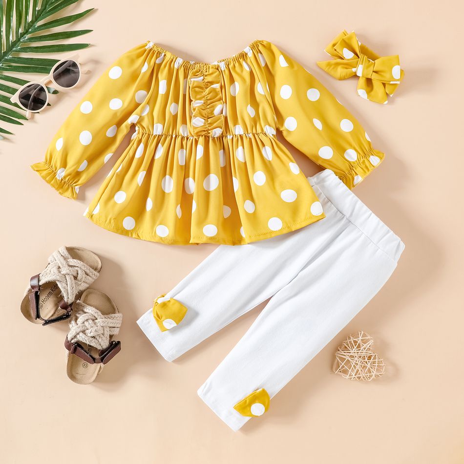 3pcs Baby Girl 95% Cotton Bow Front Leggings and Polka Dot Print Off Shoulder Long-sleeve Top with Headband Set Yellow big image 3