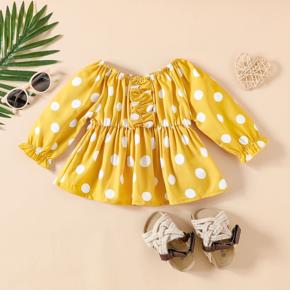 3pcs Baby Girl 95% Cotton Bow Front Leggings and Polka Dot Print Off Shoulder Long-sleeve Top with Headband Set Yellow big image 4