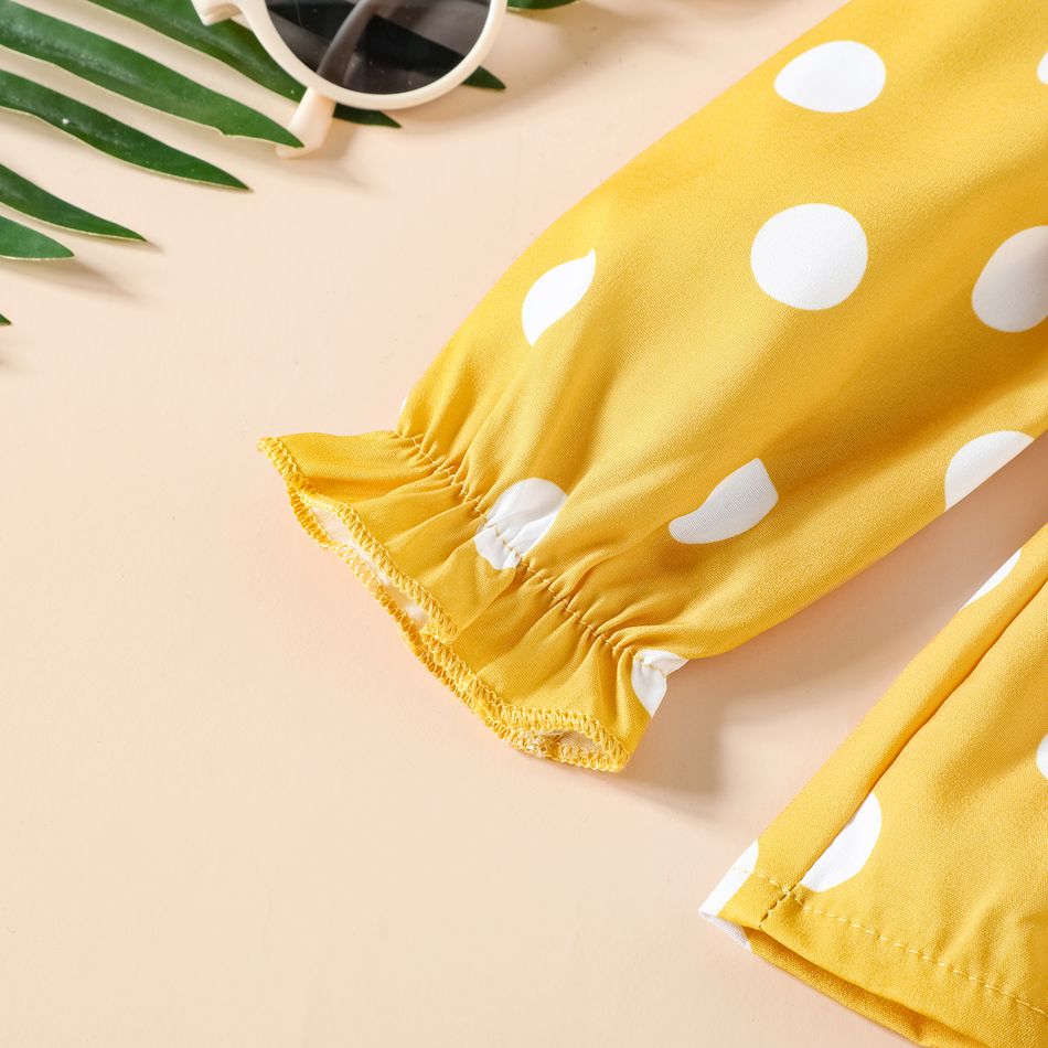 3pcs Baby Girl 95% Cotton Bow Front Leggings and Polka Dot Print Off Shoulder Long-sleeve Top with Headband Set Yellow big image 5