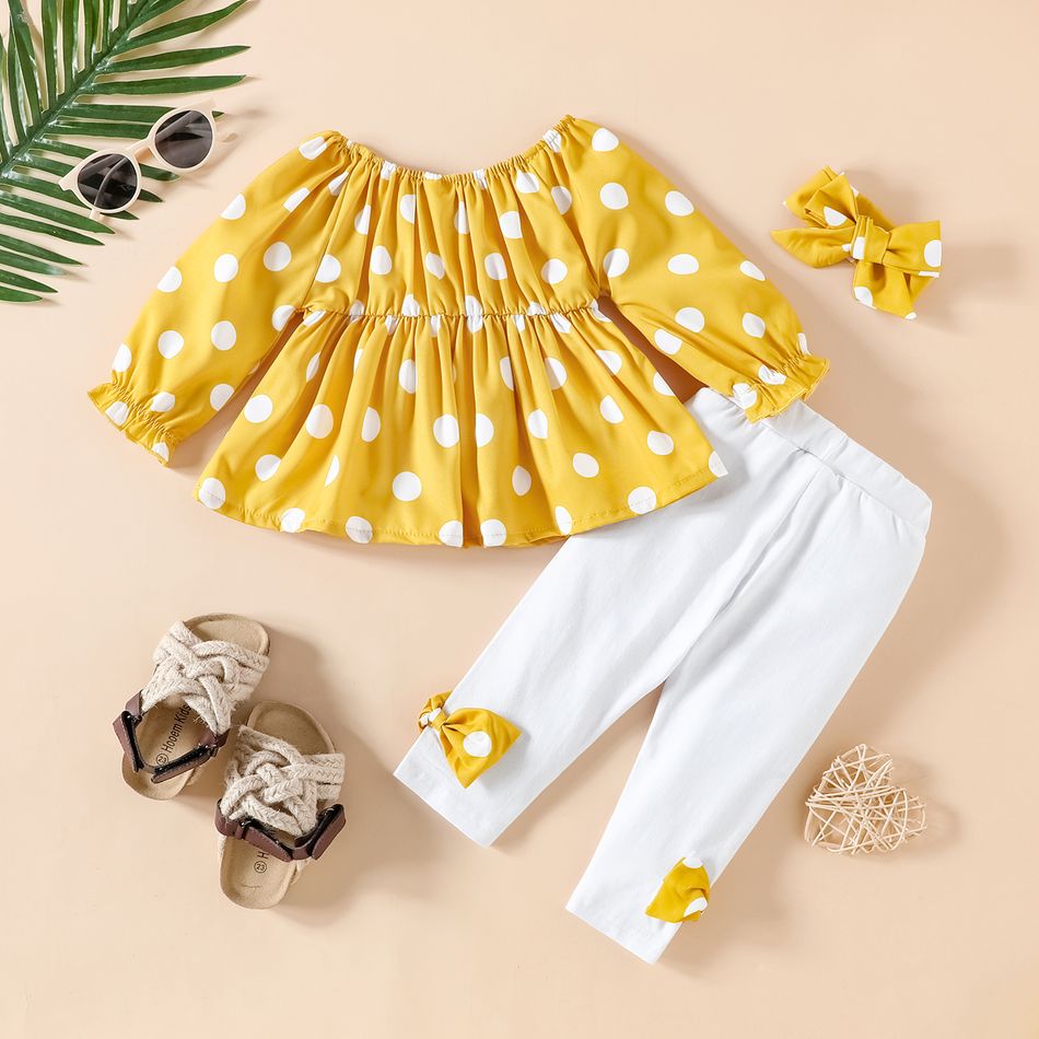 3pcs Baby Girl 95% Cotton Bow Front Leggings and Polka Dot Print Off Shoulder Long-sleeve Top with Headband Set Yellow big image 2