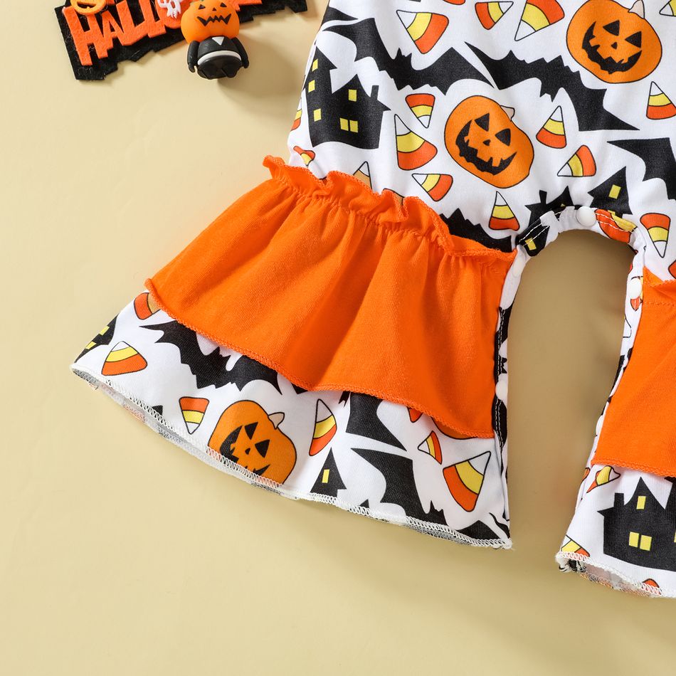 Halloween 2pcs Baby Girl Allover Pumpkin Print Spliced Ruffle Trim Long-sleeve Bell Bottom Jumpsuit with Headband Set Orange