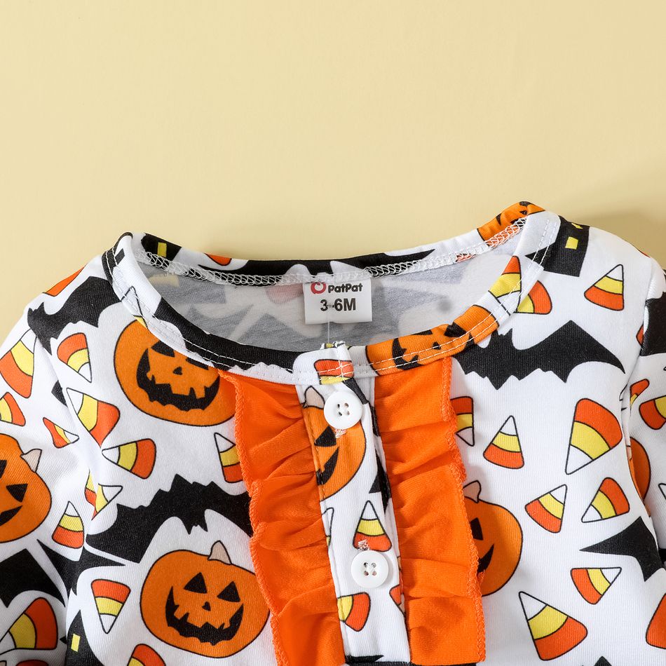 Halloween 2pcs Baby Girl Allover Pumpkin Print Spliced Ruffle Trim Long-sleeve Bell Bottom Jumpsuit with Headband Set Orange big image 3