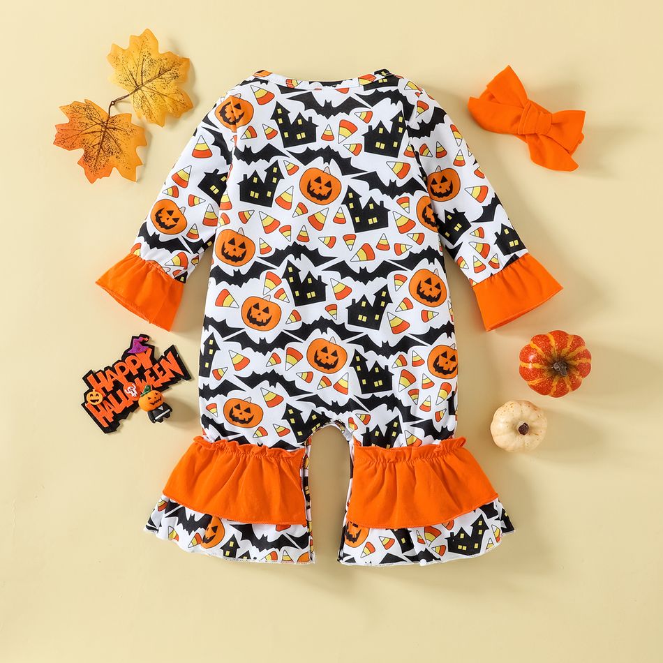 Halloween 2pcs Baby Girl Allover Pumpkin Print Spliced Ruffle Trim Long-sleeve Bell Bottom Jumpsuit with Headband Set Orange big image 2
