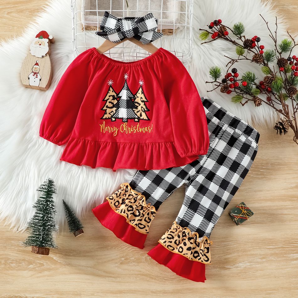 Christmas 3pcs Baby Girl 95% Cotton Long-sleeve Xmas Tree & Letter Embroidered Top and Plaid Spliced Leopard Ruffle Bell Bottom Pants with Headband Set Red