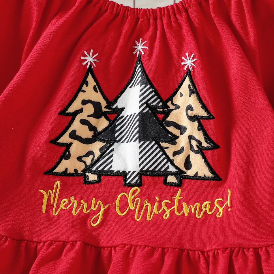 Christmas 3pcs Baby Girl 95% Cotton Long-sleeve Xmas Tree & Letter Embroidered Top and Plaid Spliced Leopard Ruffle Bell Bottom Pants with Headband Set Red big image 4