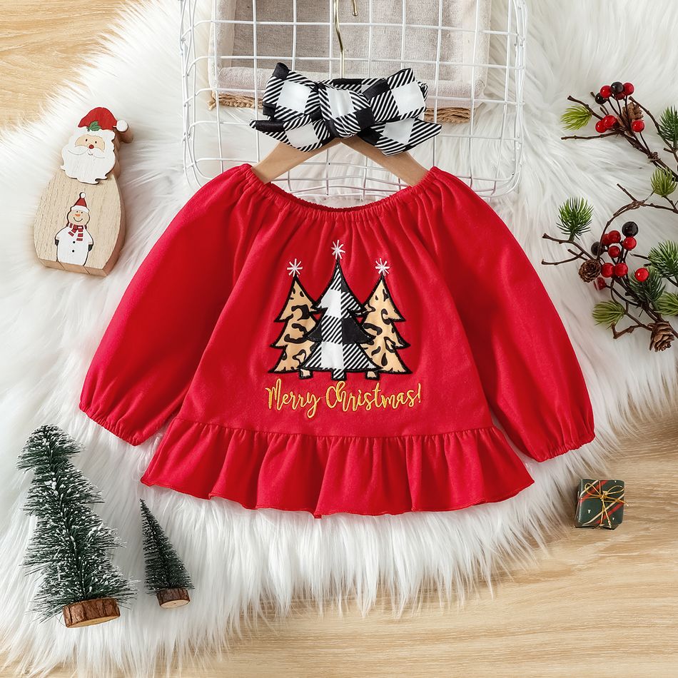 Christmas 3pcs Baby Girl 95% Cotton Long-sleeve Xmas Tree & Letter Embroidered Top and Plaid Spliced Leopard Ruffle Bell Bottom Pants with Headband Set Red big image 3