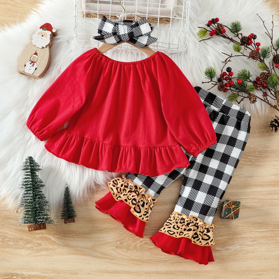 Christmas 3pcs Baby Girl 95% Cotton Long-sleeve Xmas Tree & Letter Embroidered Top and Plaid Spliced Leopard Ruffle Bell Bottom Pants with Headband Set Red big image 2