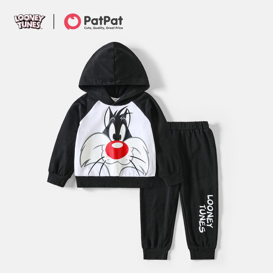Looney Tunes 2pcs Toddler Boy Colorblock Raglan Sleeve Cotton Hoodie Sweatshirt and Letter Print Pants Set White big image 1