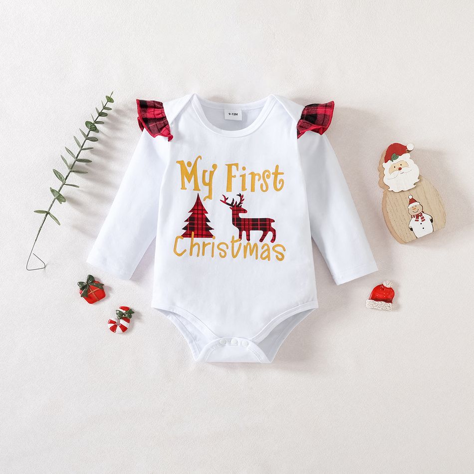 Christmas 3pcs Baby Girl 100% Cotton Layered Ruffle Red Plaid Suspender Pants and Long-sleeve Graphic Romper with Headband Set Red big image 3