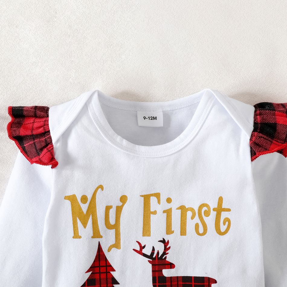 Christmas 3pcs Baby Girl 100% Cotton Layered Ruffle Red Plaid Suspender Pants and Long-sleeve Graphic Romper with Headband Set Red big image 4