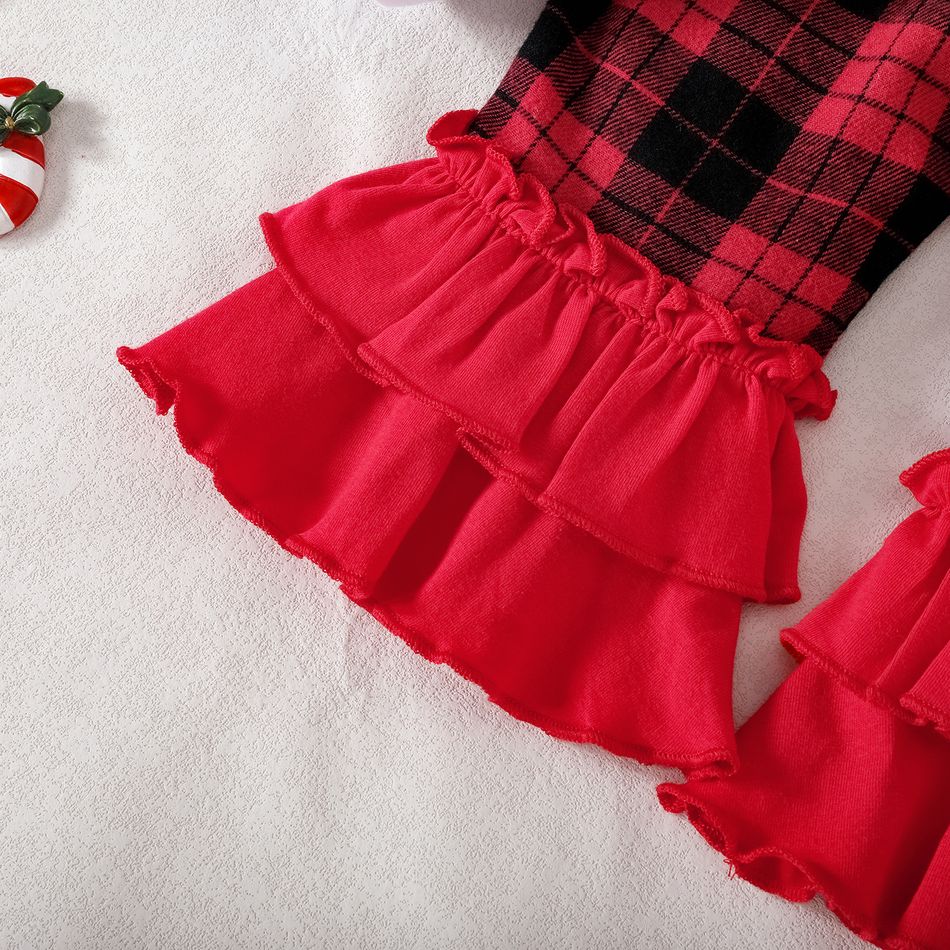 Christmas 3pcs Baby Girl 100% Cotton Layered Ruffle Red Plaid Suspender Pants and Long-sleeve Graphic Romper with Headband Set Red big image 7