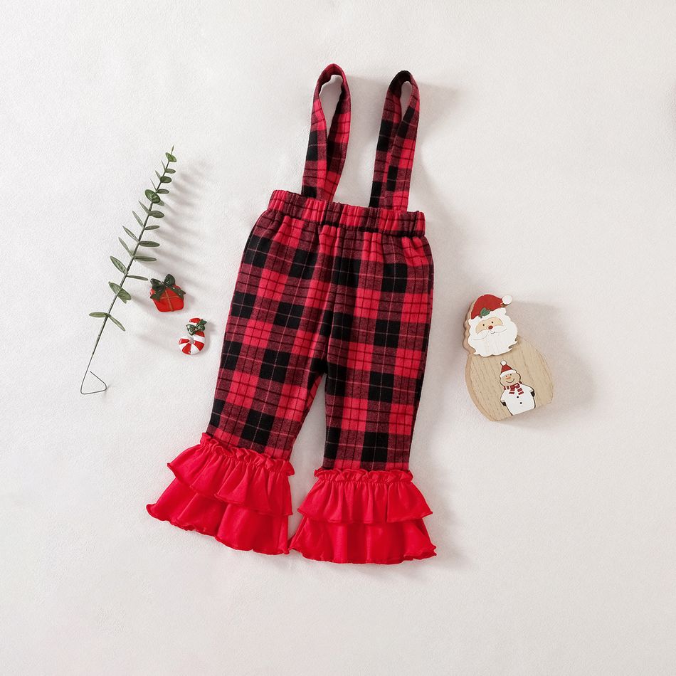 Christmas 3pcs Baby Girl 100% Cotton Layered Ruffle Red Plaid Suspender Pants and Long-sleeve Graphic Romper with Headband Set Red big image 5