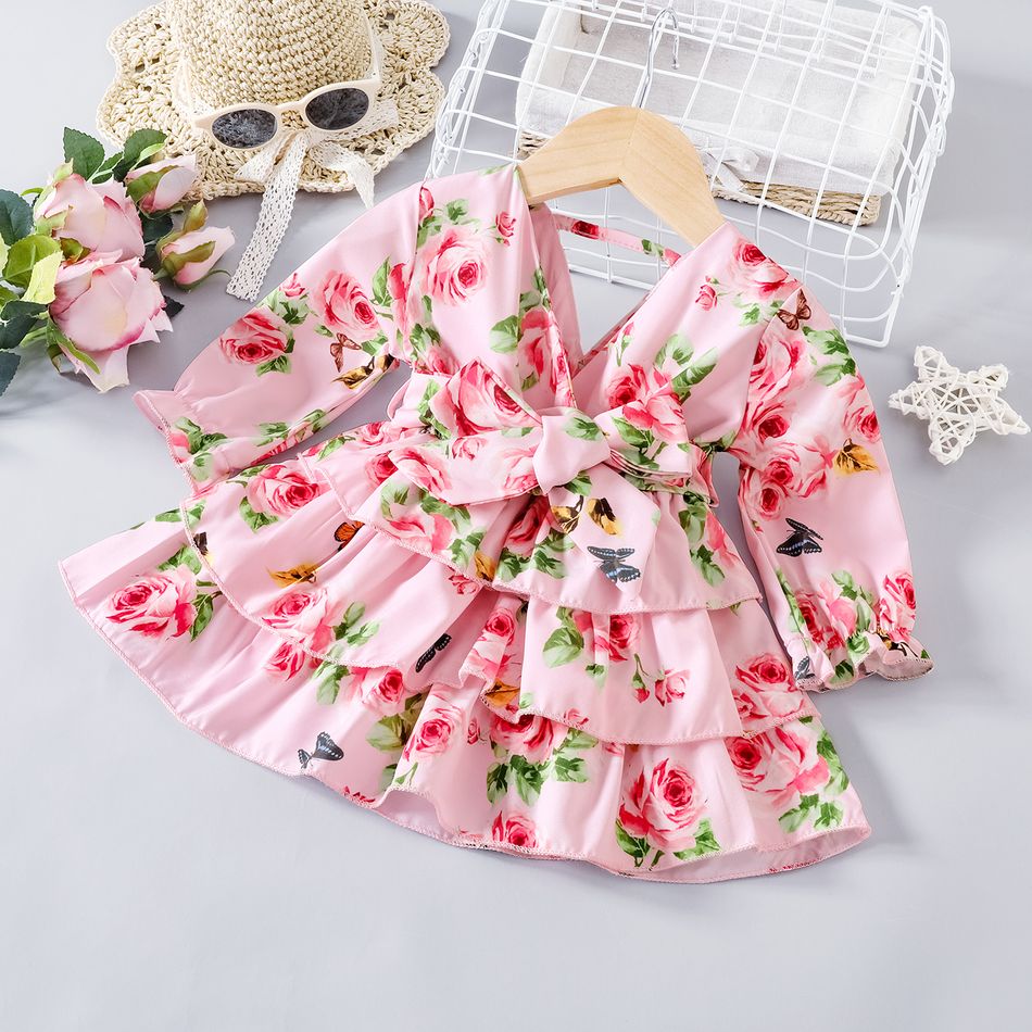 Baby Girl Allover Floral & Butterfly Print Pink V Neck Long-sleeve Layered Chiffon Dress Pink big image 1