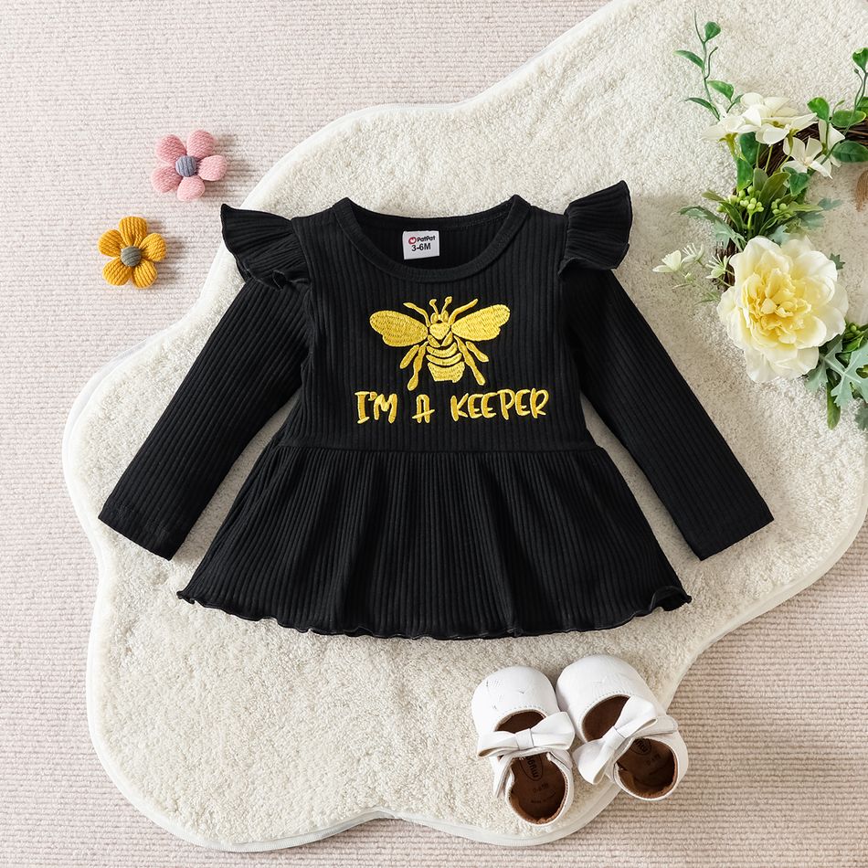3pcs Baby Girl Bee & Letter Embroidered Rib Knit Ruffle Long-sleeve Top and Striped Pants with Headband Set Black big image 3