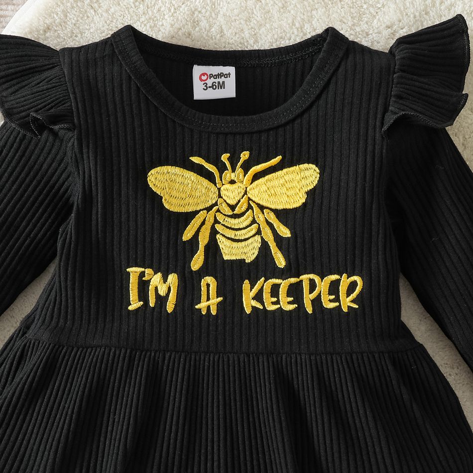 3pcs Baby Girl Bee & Letter Embroidered Rib Knit Ruffle Long-sleeve Top and Striped Pants with Headband Set Black big image 4