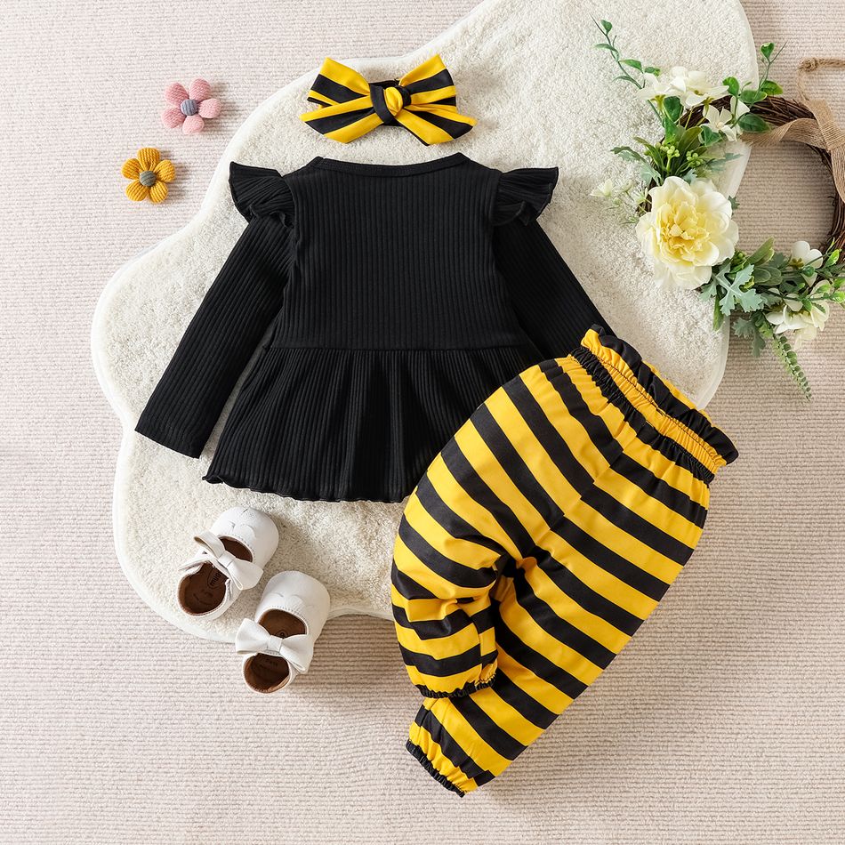 3pcs Baby Girl Bee & Letter Embroidered Rib Knit Ruffle Long-sleeve Top and Striped Pants with Headband Set Black big image 2
